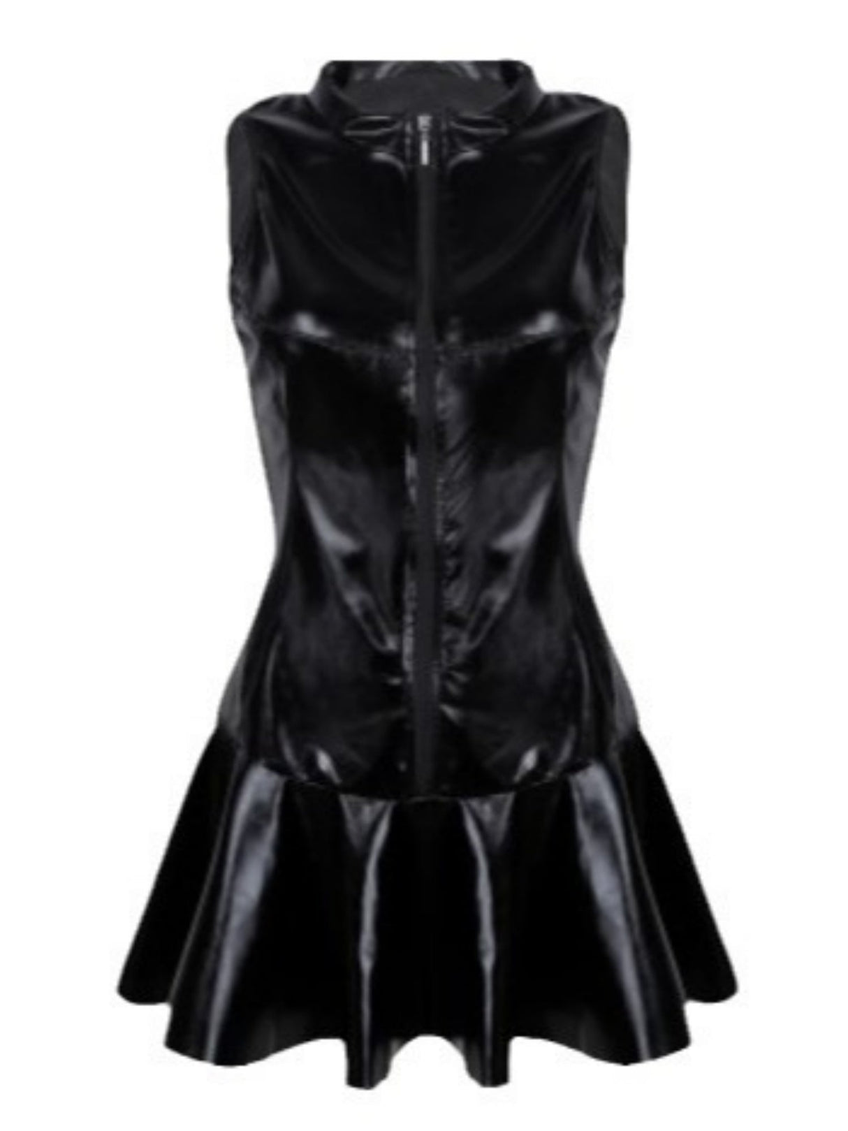 PU Leather Zippered Stand-up Collar Pleated Mini&Short Dresses