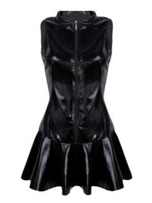 PU Leather Zippered Stand-up Collar Pleated Mini&Short Dresses