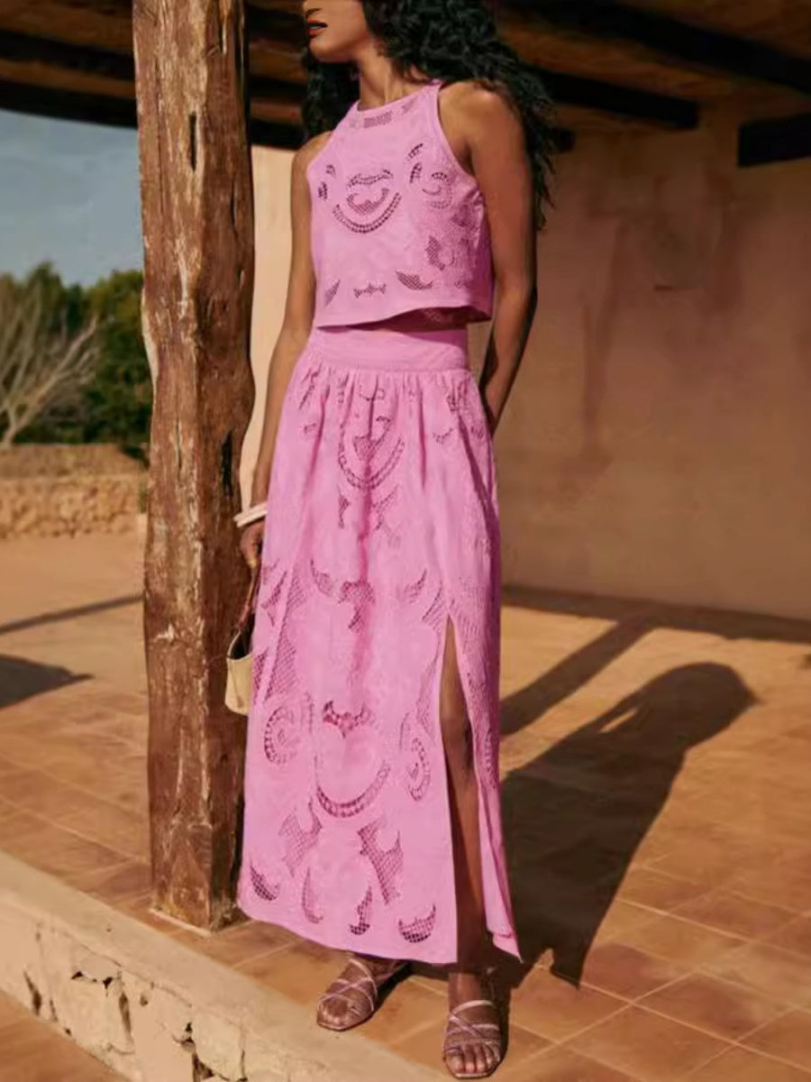 Pink Floral Cutout Sleeveless Top And A-line Skirt Two-piece Set