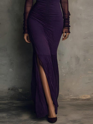 Sexy Solid Color Patchwork Long-sleeved Slit Maxi Dress