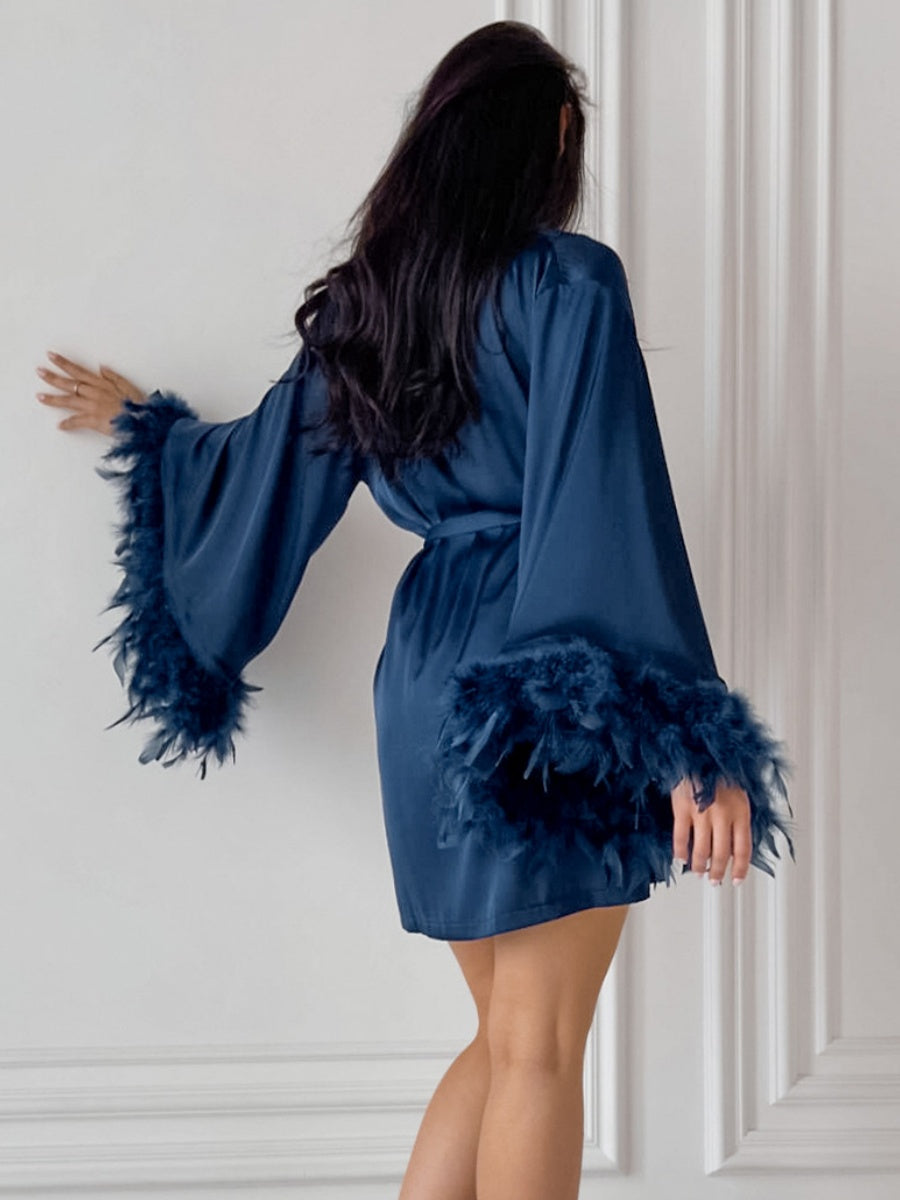 Satin Feather Three-piece Set Of Underwear, Shorts, And Bathrobe Sleepwear
