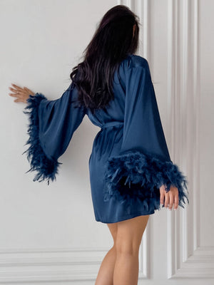 Satin Feather Three-piece Set Of Underwear, Shorts, And Bathrobe Sleepwear