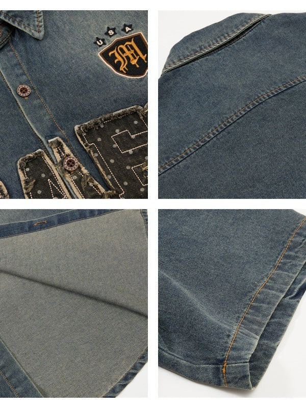 Distressed Edge Grinding Badge Denim Shirts