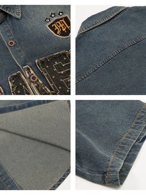 Distressed Edge Grinding Badge Denim Shirts