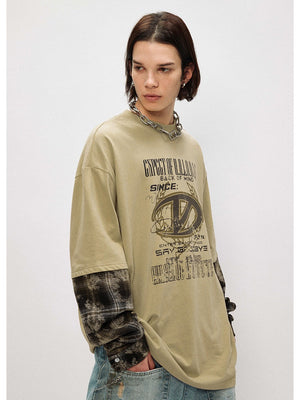 Fake Two Pieces Camouflage Splicing Maillard Style Loose Crew Neck T-shirt