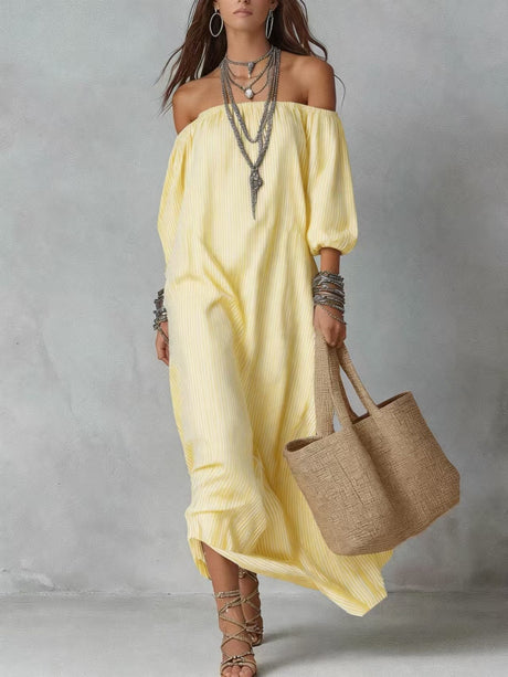 Striped Off-shoulder Loose-fitting Vacation Style Maxi Dresses