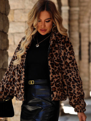 Cardigan Pockets Leopard Print Zip-up Jacket