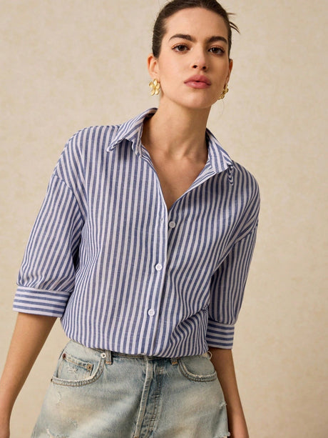 Stripes Lapel Grace Mid-length Sleeves Shirts