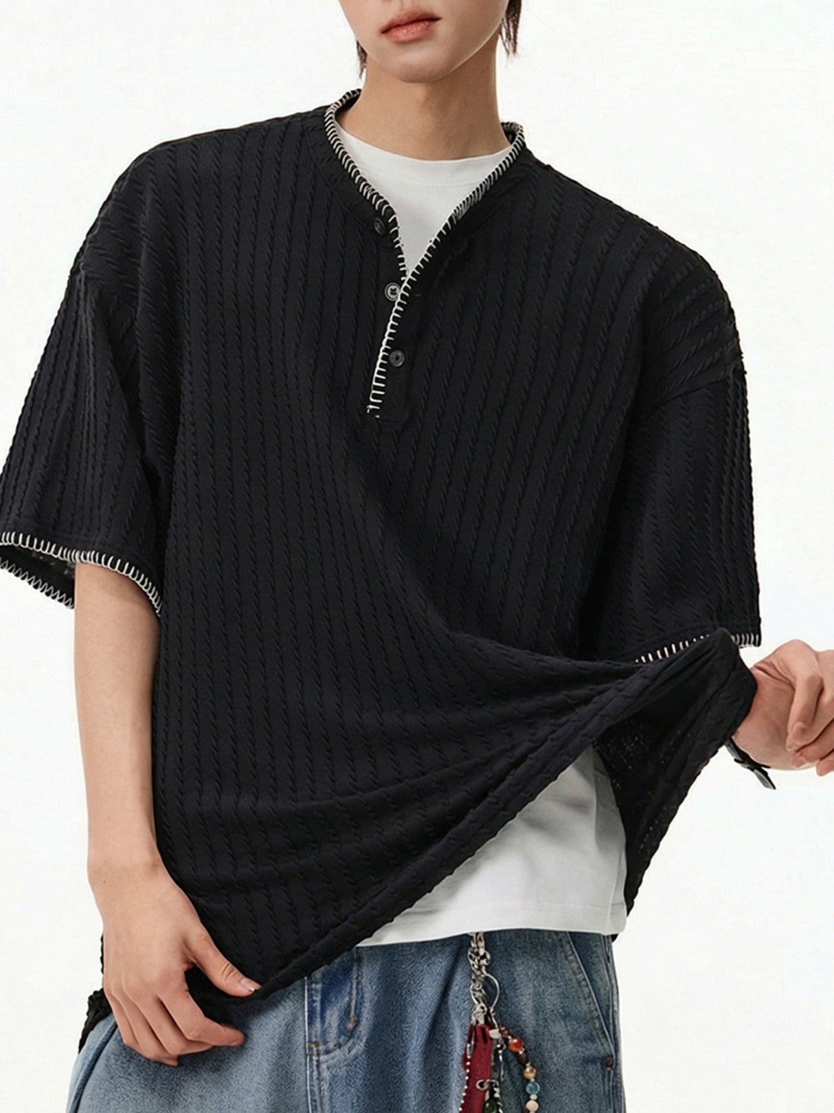 Color-blocked Henry's Collar Knitting T-shirts