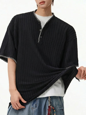 Color-blocked Henry's Collar Knitting T-shirts