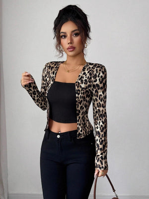 Short Leopard Print Blend Fabric Contrasting Colors Long-sleeved Knitted Cardigan