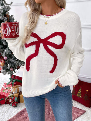 Sweet And Versatile Christmas Bow Jacquard Loose Long-sleeved Round Neck Sweater