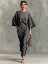 High-waisted Midi Skirt And Round Neck Three-quarter Sleeve Top Two-piece Set