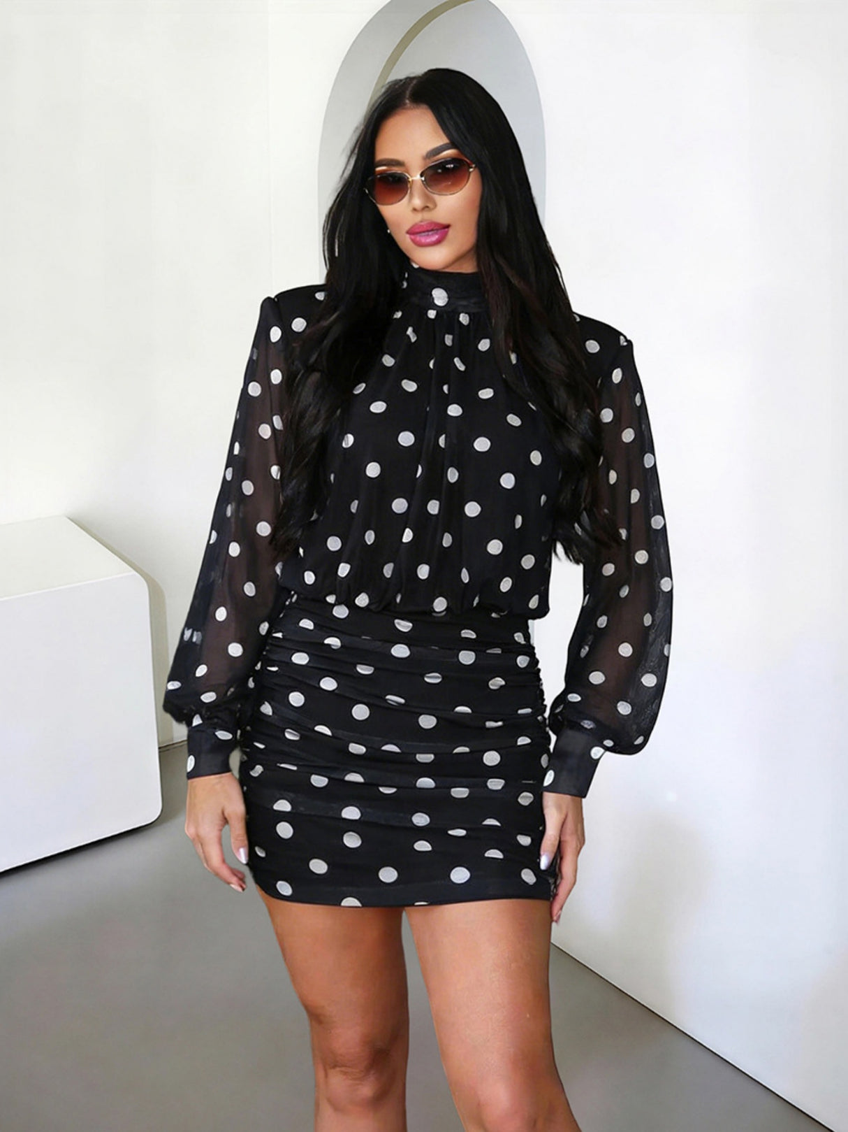 Polka Dots Backless Turtleneck Waist Shaping Hip Wrap Mini&Short Dresses