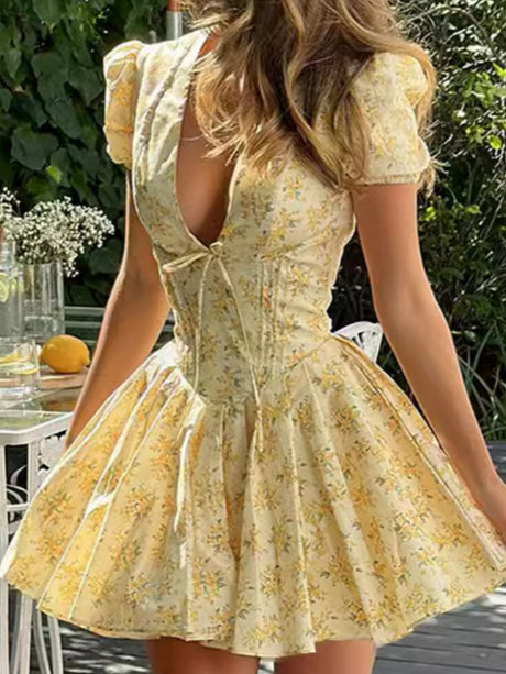 Floral Deep V-neck Waist Puffy Short-sleeved Pleated Mini&Short Dresses