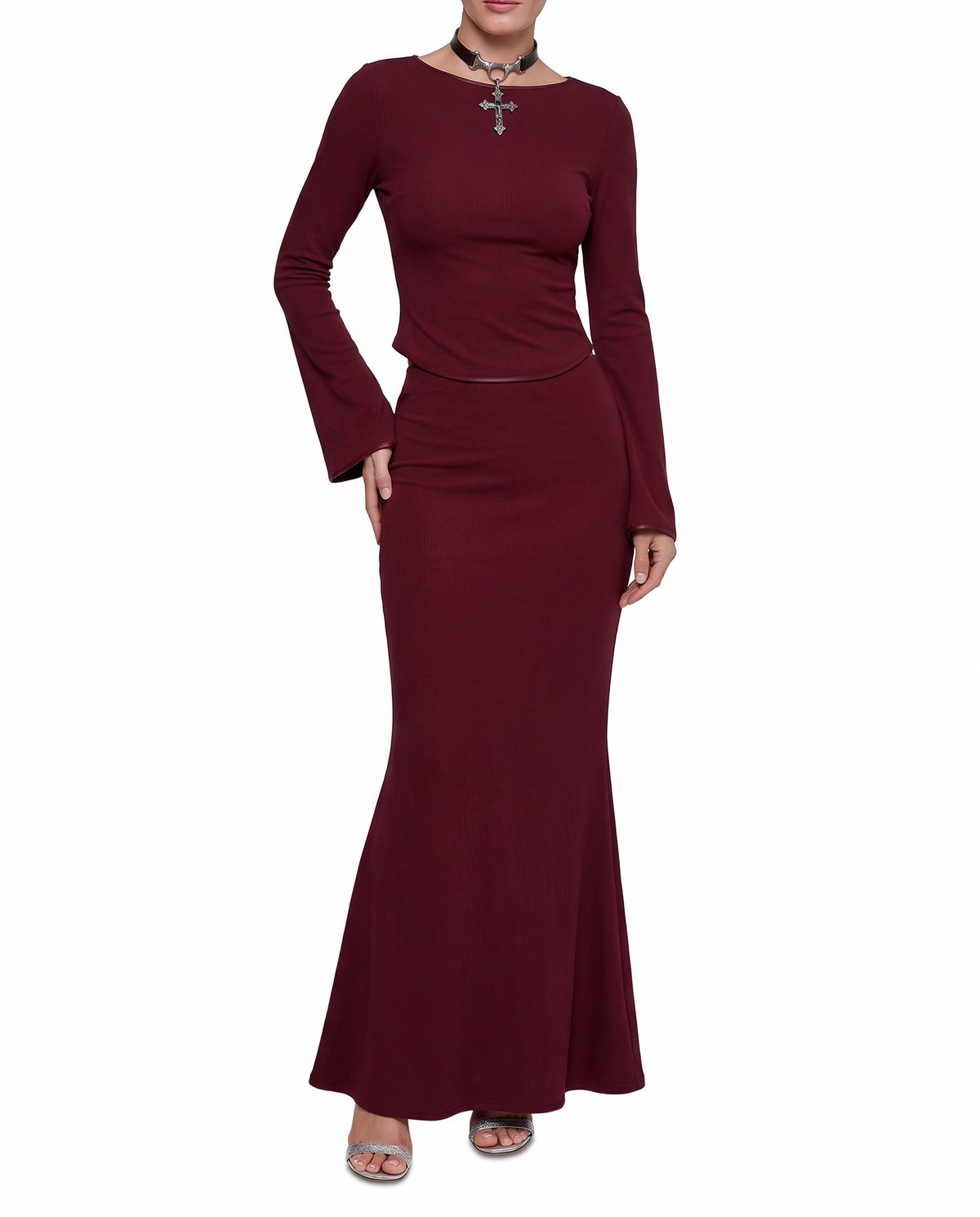 Long-sleeved Round Neck Top With Irregular Hem And Fishtail Pencil Skirt Two-piece Set