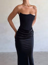 Strapless Satin Fishbone Decoration Crimp Splicing Hip-hugging Dinner Cocktail Midi Dress