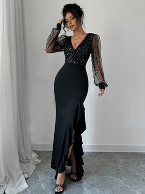 V-neck High-waisted Sequins Splicing Maxi Dresses