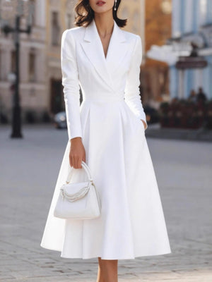 Lapel V-neck Waist Commuting Midi Dresses