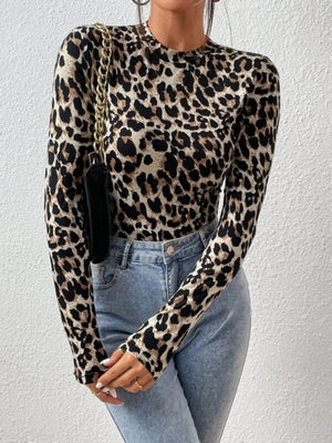 Leopard Print Stand Collar Long-sleeved Leopard Print Jumpsuit Top