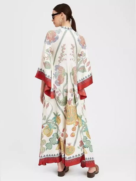 Floral Print Three-quarter Sleeve Stand Collar Long Dress