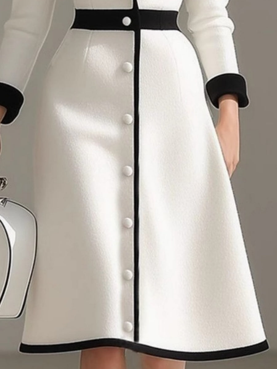 French Lapel Black And White Color Blocking High Waist Three-quarter Sleeves Workplace Midi Dresses
