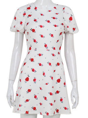 Floral Waist Shaping Puff Short Sleeves Sweet Mini&Short Dresses