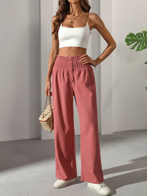Ruffled Waistband Button High Waist Straight Leg Casual Elegant French Women's Trousers