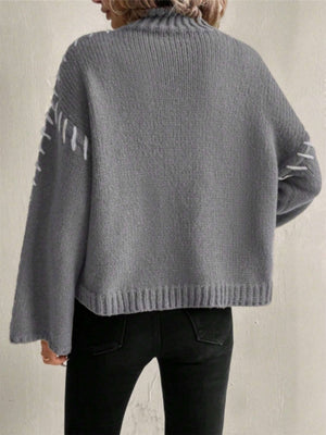 Turtleneck Contrasting Colors Solid Color Knitted Sweater