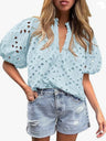 V-neck Buttons Hollow Lace Embroidery Shirts