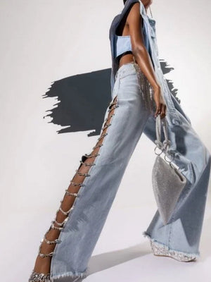 Liber Autumn Women's Ripped Chain Hollow Design Pants
