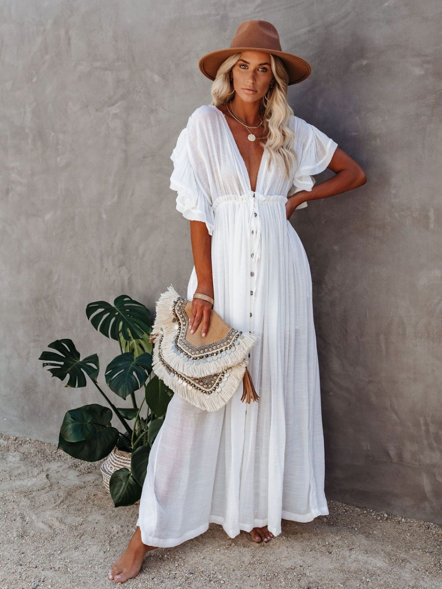 Bamboo-joint Fabric Button Waist Rope Long Cardigan Vacation Beach Jacket Sun Protection Long Skirt Bikini Cover-up