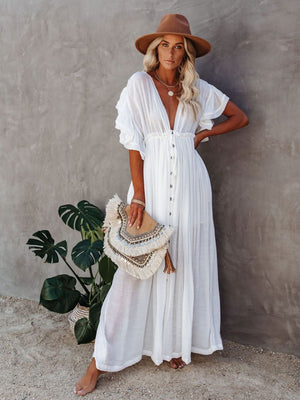 Bamboo-joint Fabric Button Waist Rope Long Cardigan Vacation Beach Jacket Sun Protection Long Skirt Bikini Cover-up