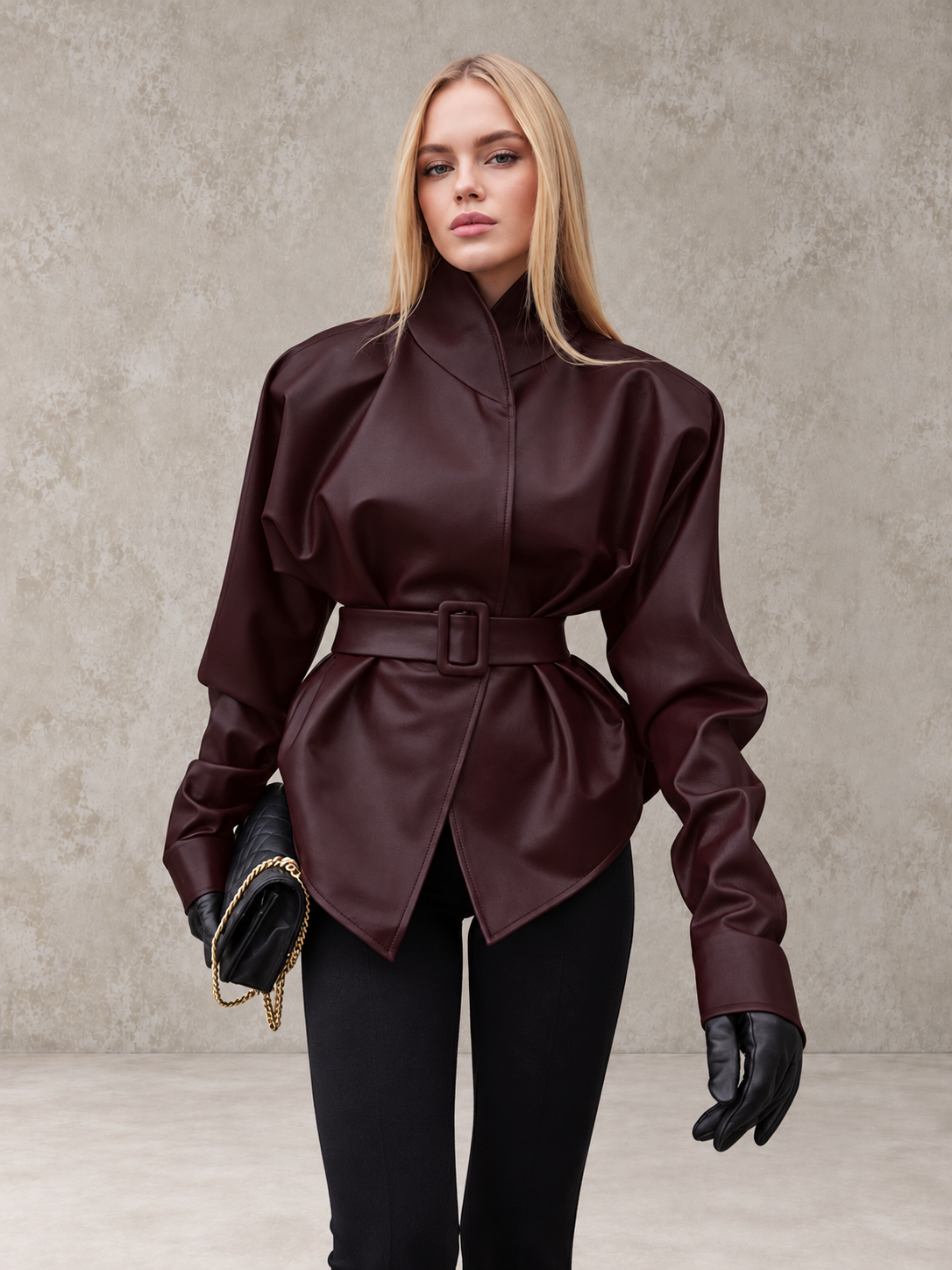 PU Leather Long-sleeved Jacket With A Fitted Waist