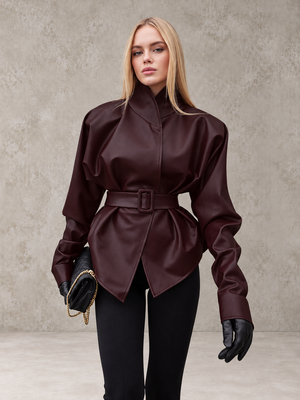 PU Leather Long-sleeved Jacket With A Fitted Waist