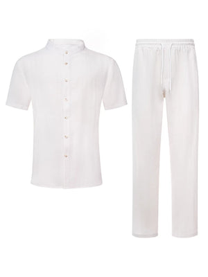 Leisure Stand Collar Breathable Flax Loose-fit 2-piece Sets Set