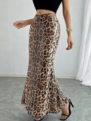Leopard Print Sequins Stretch Skirts