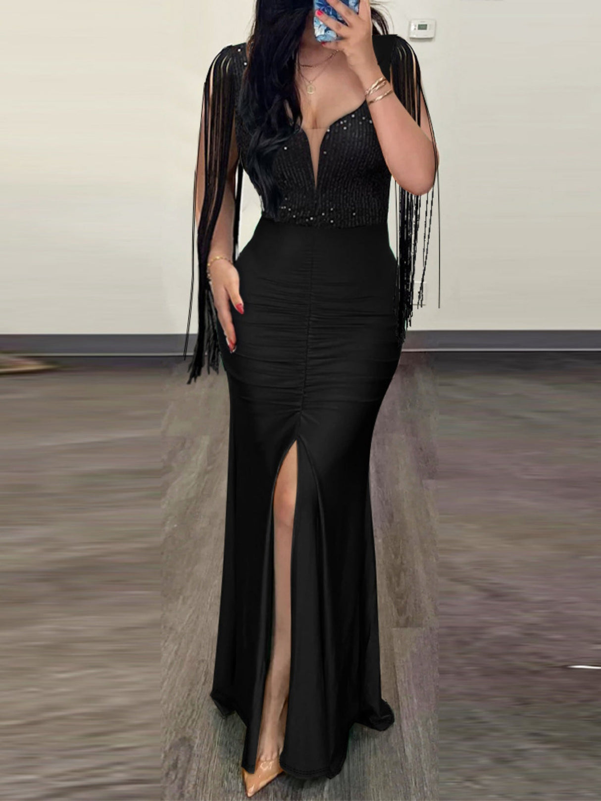 Sequins Bodycon Round Neck Slit Evening Dress Tassel Sleeves Pleated Maxi Dresses