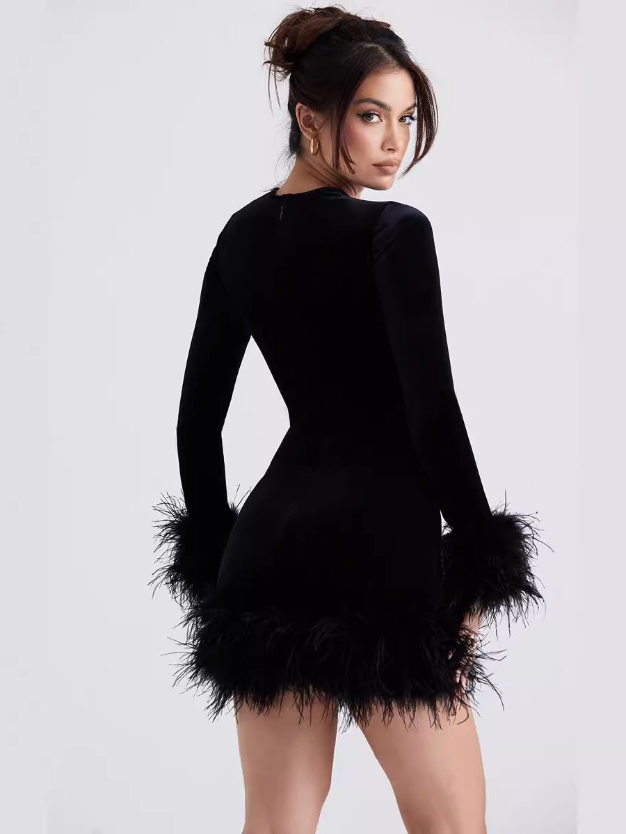 Black Furry Cuffs And Hem Velvet Mini&Short Dresses