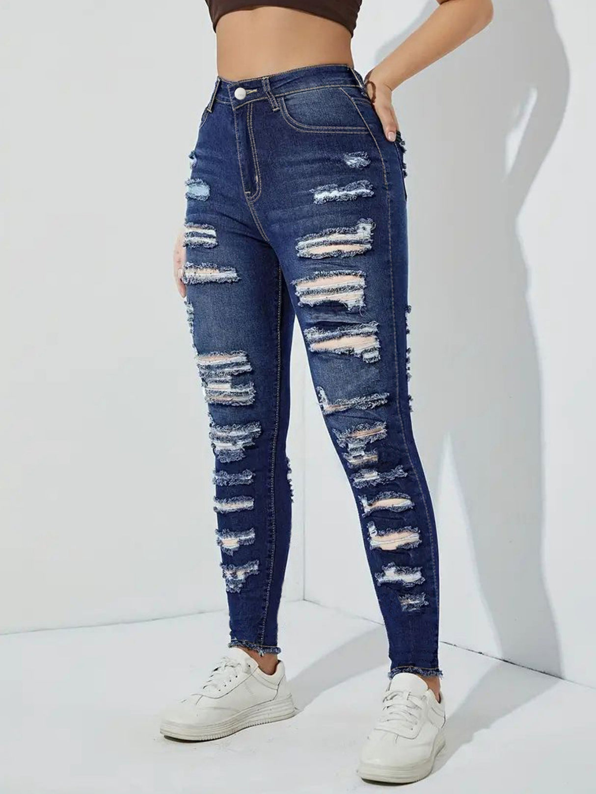 Ripped And Frayed Edges Stretch High-waisted And Slimming Pencil Pants Jeans