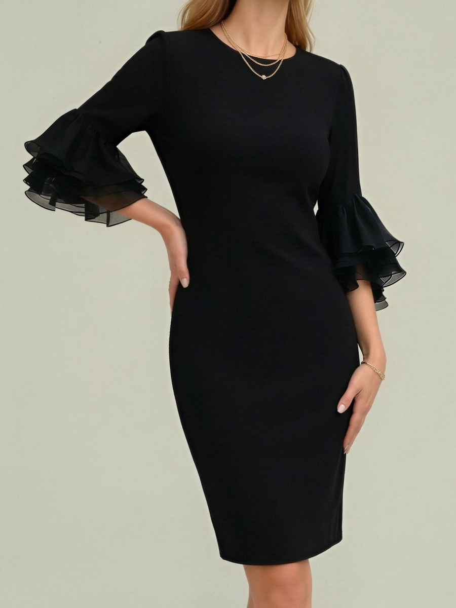 Ruffled Bell Sleeves Fitted Midi Dress
