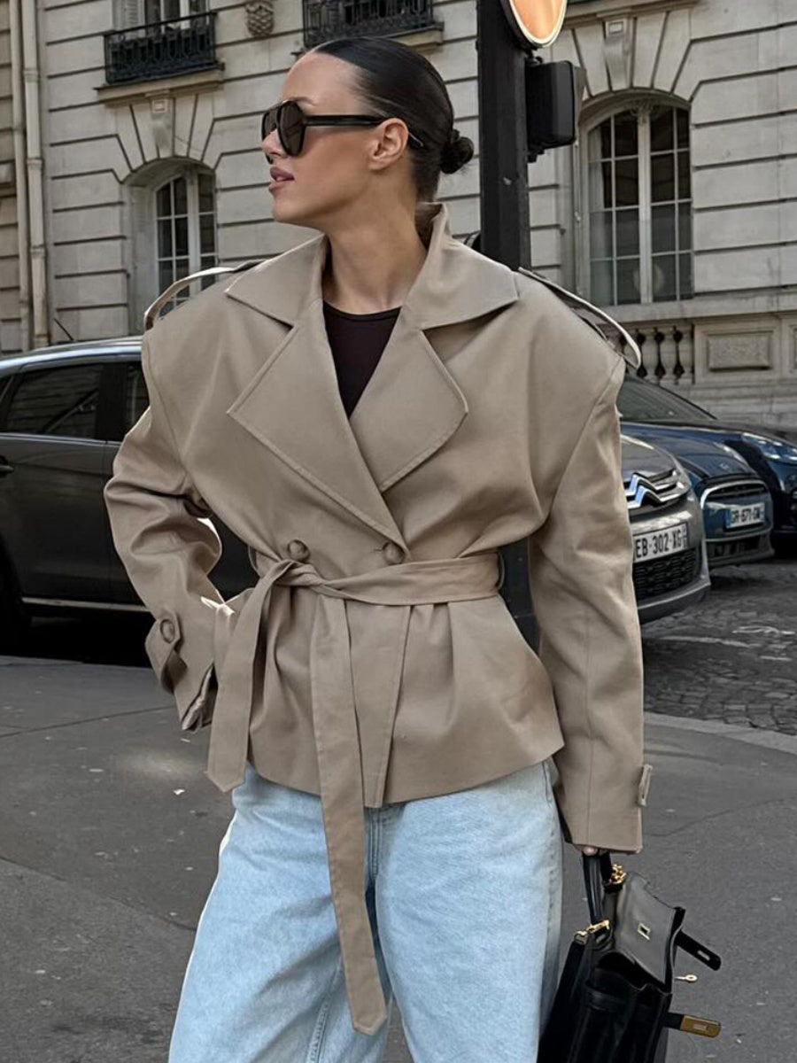 Khaki Long-sleeved Lapel Belted Trench Coat