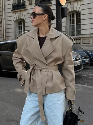 Khaki Long-sleeved Lapel Belted Trench Coat