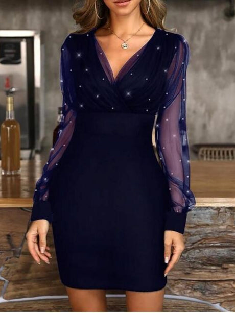 Mesh Splicing Bubble Beads V-neck Waist Shaping Mini&Short Dresses