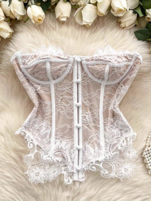Lace Trim Fish Bones Splicing Button Cutout Bra Camisoles