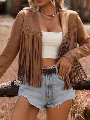 Imitation Suede Tassel Studs Long Sleeves Jackets