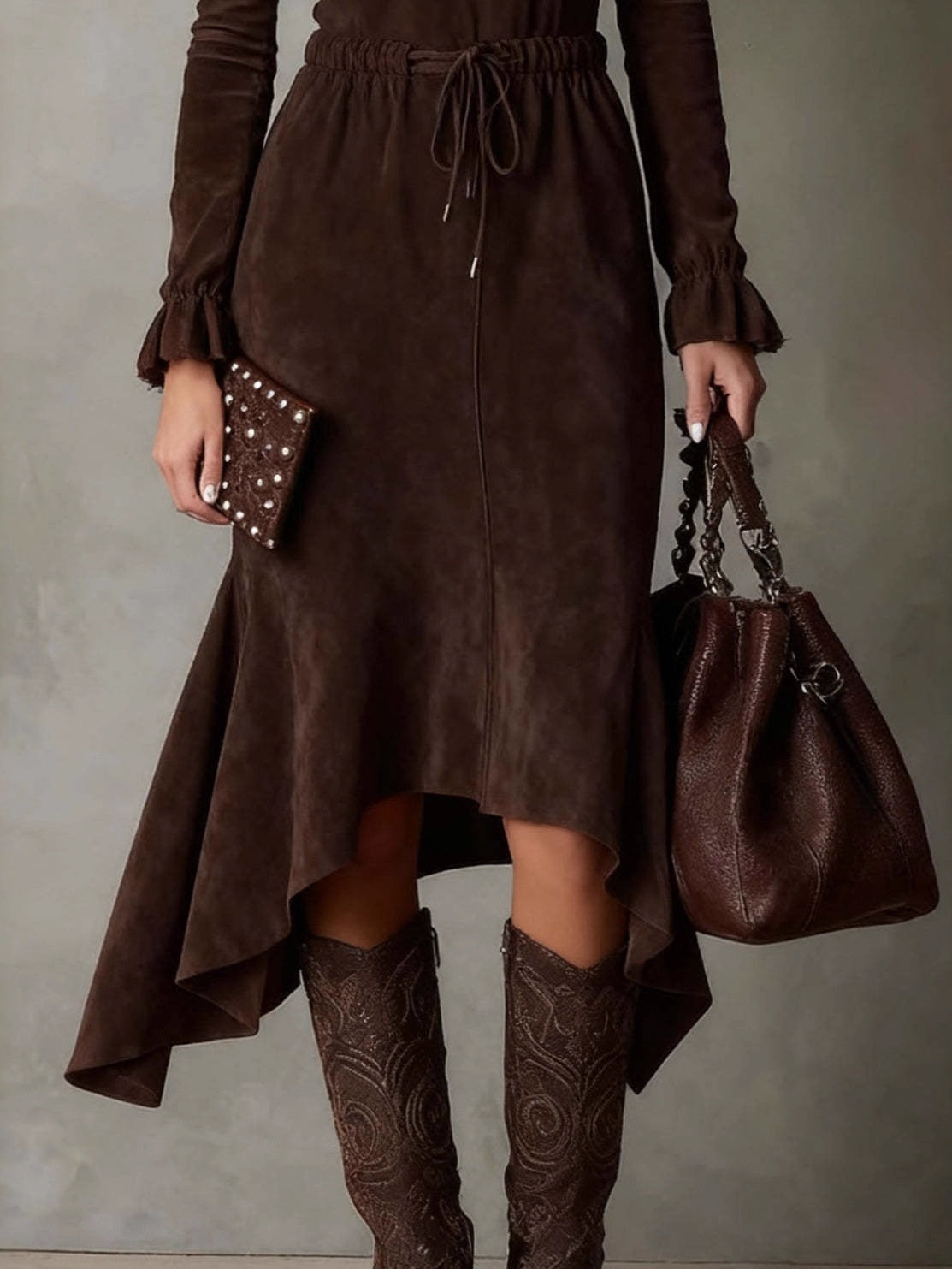 Dark Brown Double-sided Cashmere Long-sleeved Midi Dress