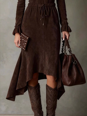 Dark Brown Double-sided Cashmere Long-sleeved Midi Dress
