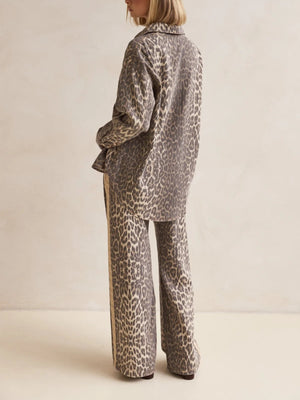 Leopard Print Lapel Retro Pocket Denim 2-piece Sets