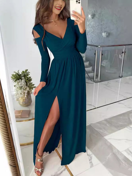 V-neck Slit Commuting Maxi Dresses